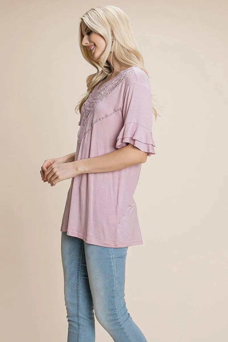 V Neck Lace trim Front Ruffle Sleeve Shirt tops