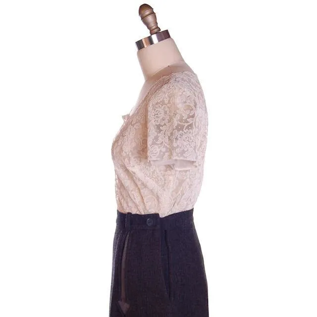 Vintage Nylon Ivory Lace Blouse  Re-Embroidered 1940S 38" Bust Provenance Sonja Loew