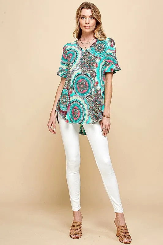 WOMEN PAISLEY PRINTED RUFFLE SLEEVE TUNIC BLOUSE